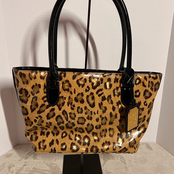 Lauren Ralph Lauren Handbags - Lauren Ralph Lauren Leopard Print Tote with Black Patent Leather.